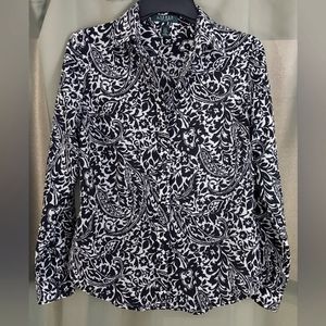 Lauren Ralph Lauren Petites Black and White Paisley Button-up Blouse